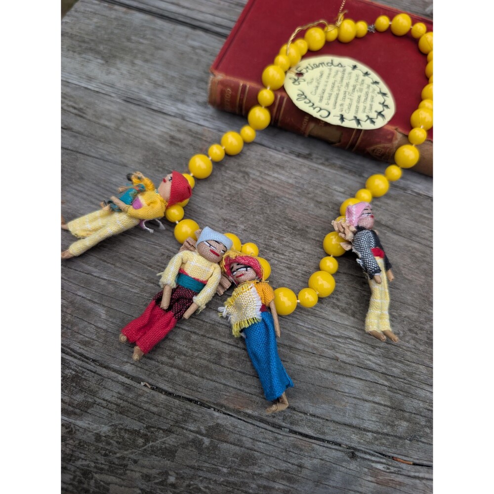 Vintage Worry Doll Necklace; Bright Folk Art Jewelry